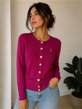 Yves Saint Laurent Fuchsia Pink Gold Button Logo Cardigan Sweater Size M